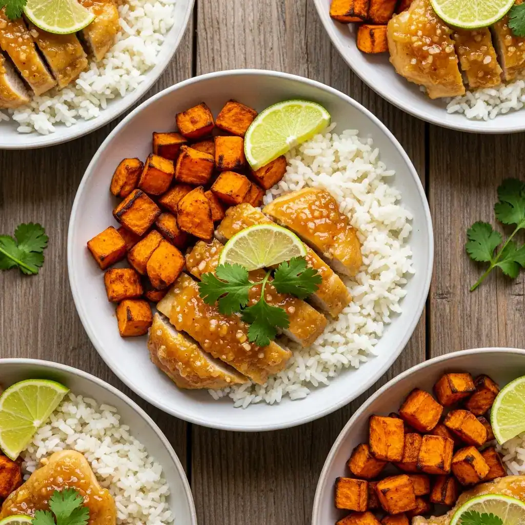 Honey lime chicken with roasted sweet potatoes and white rice, garnished with fresh cilantro and lime wedges in a bowl