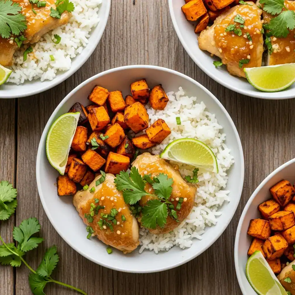 Honey lime chicken with roasted sweet potatoes and white rice, garnished with fresh cilantro and lime wedges in a bowl