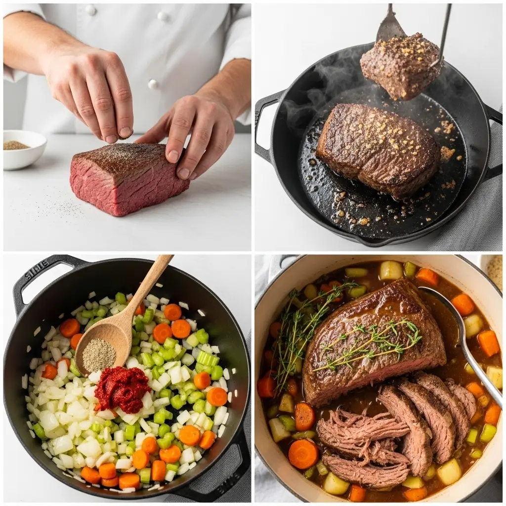 A serving of fall-apart tender pot roast with carrots and potatoes in rich gravy, plated in a rustic bowl.