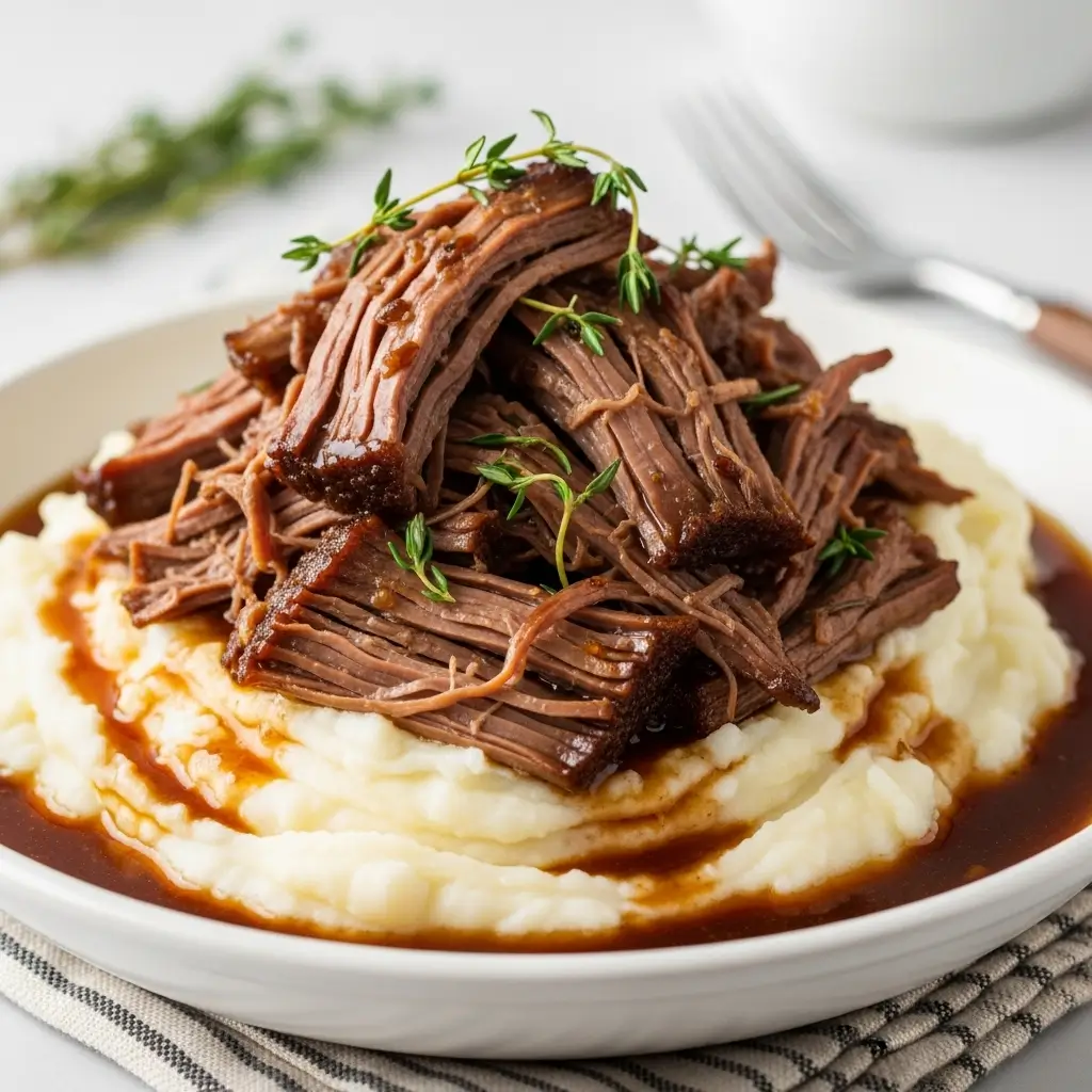 A serving of fall-apart tender pot roast with carrots and potatoes in rich gravy, plated in a rustic bowl.