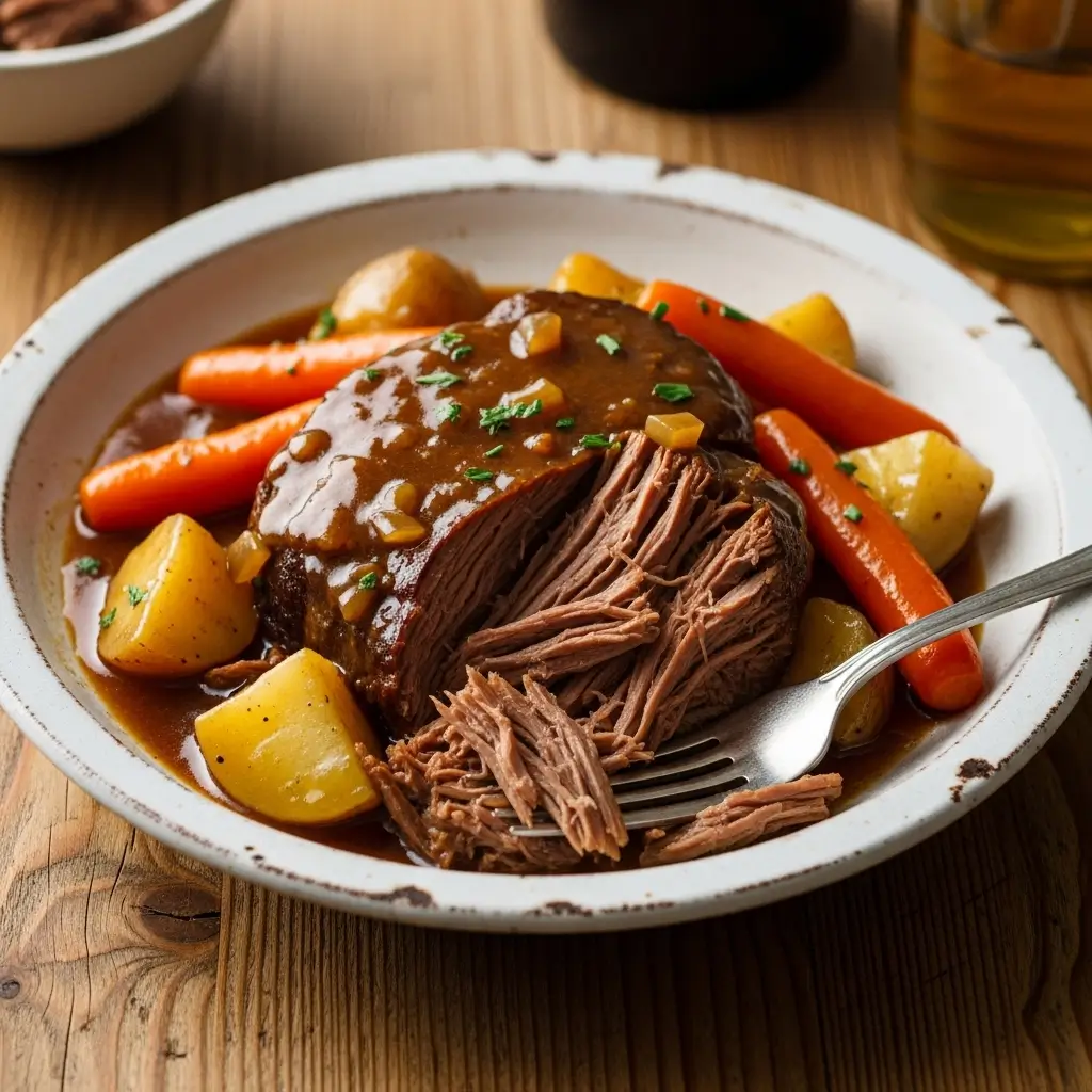 A serving of fall-apart tender pot roast with carrots and potatoes in rich gravy, plated in a rustic bowl.