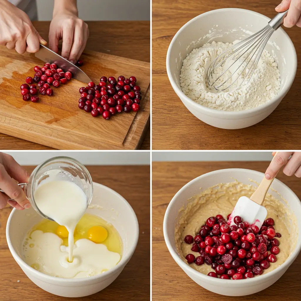 Close-up of a moist slice of cranberry orange bread with a glossy citrus glaze drizzled on top.