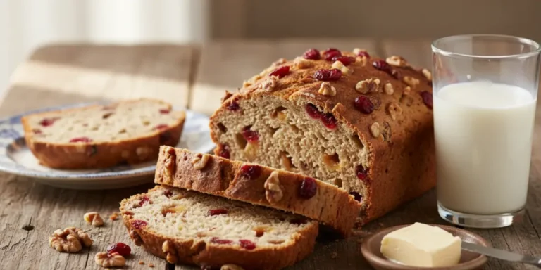 Close-up of a moist slice of cranberry orange bread with a glossy citrus glaze drizzled on top.