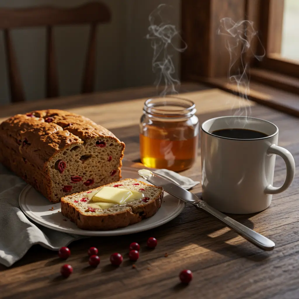Close-up of a moist slice of cranberry orange bread with a glossy citrus glaze drizzled on top.