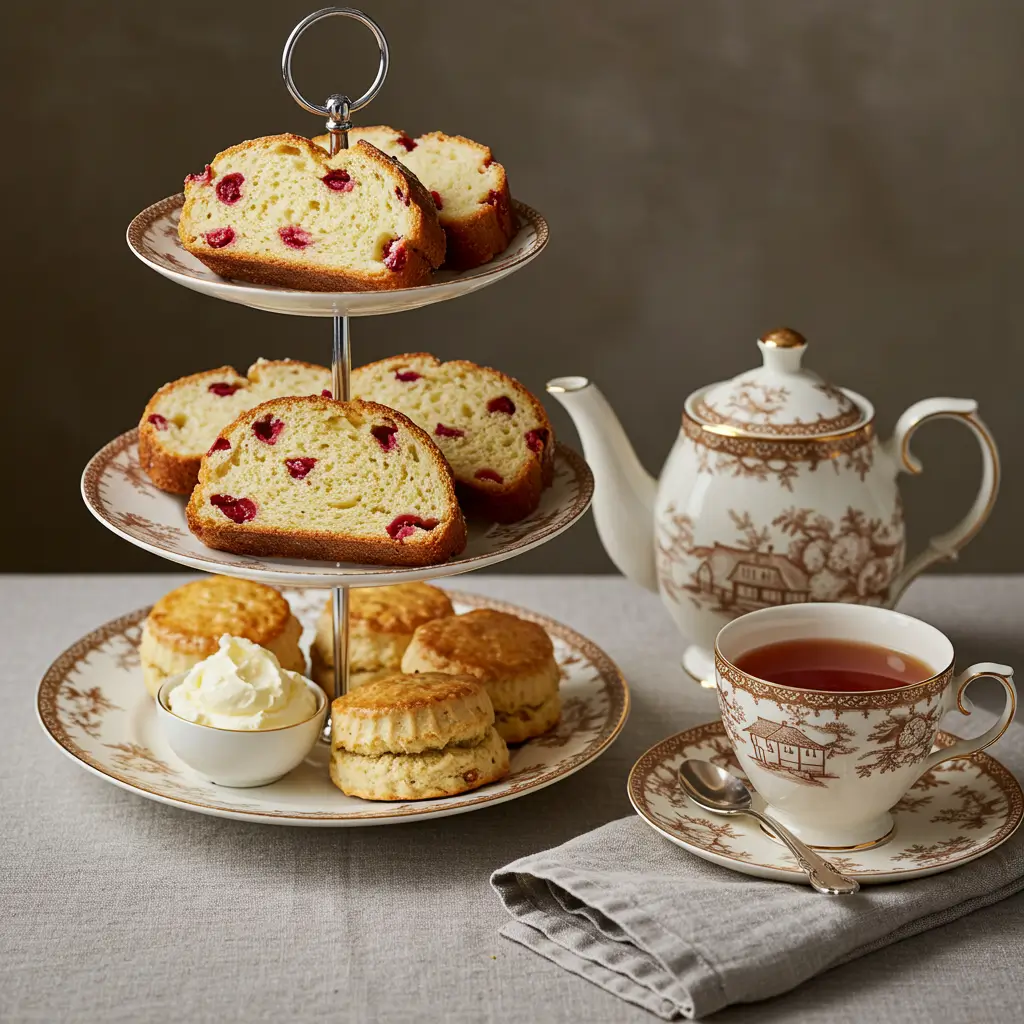 Close-up of a moist slice of cranberry orange bread with a glossy citrus glaze drizzled on top.