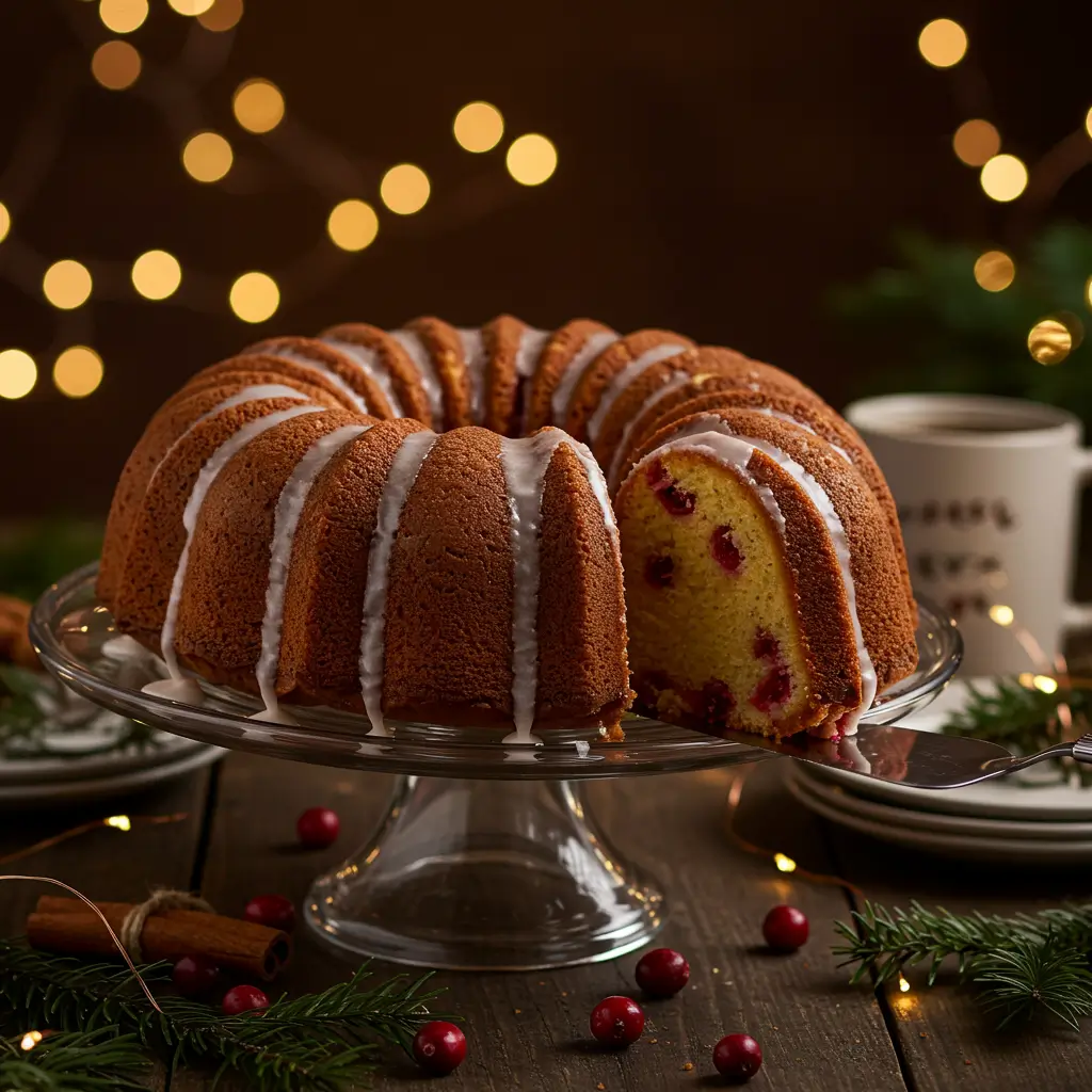 A close-up slice of moist cranberry bundt cake with a white glaze, served on a plate with a scoop of vanilla ice cream.