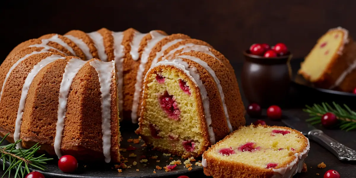 A close-up slice of moist cranberry bundt cake with a white glaze, served on a plate with a scoop of vanilla ice cream.
