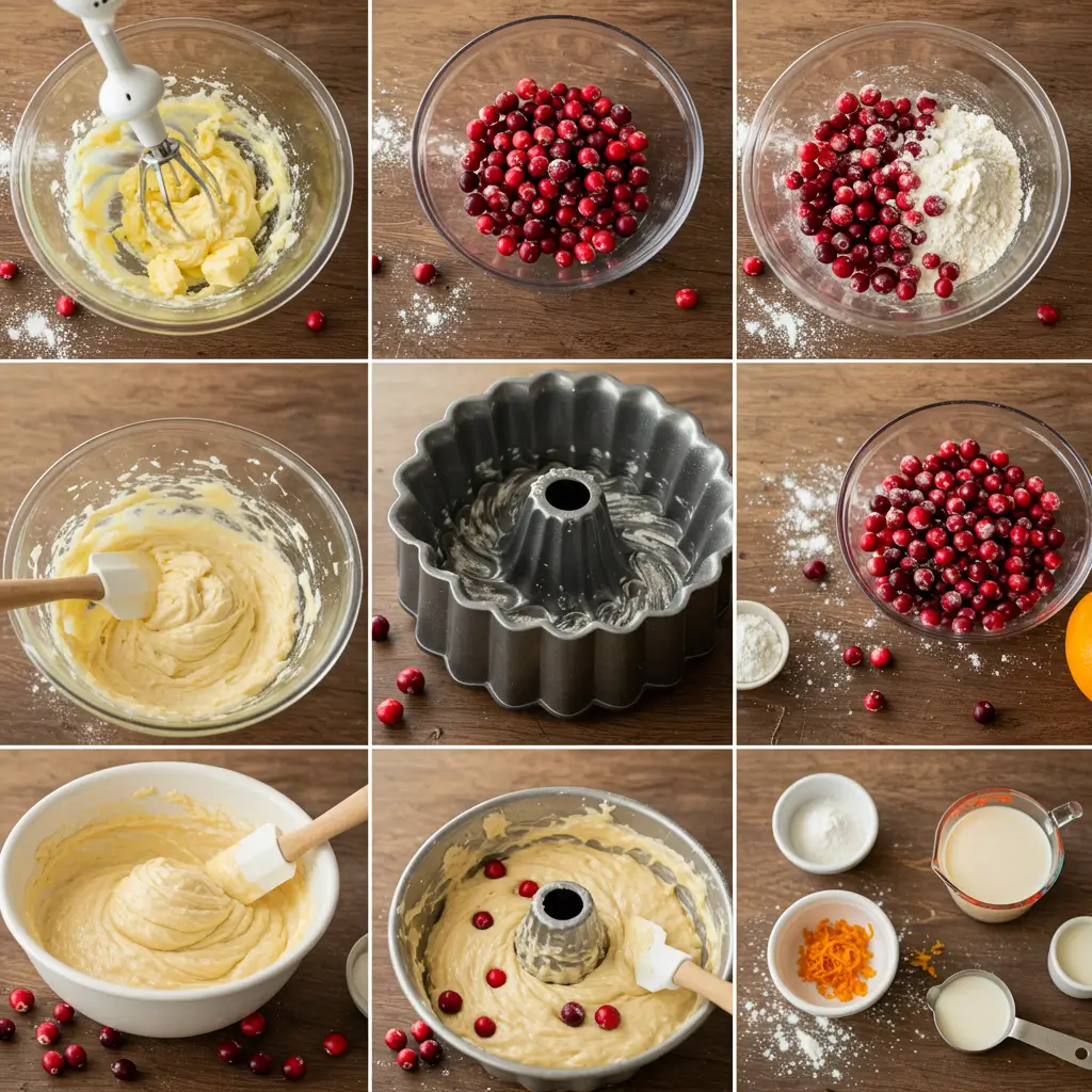 A close-up slice of moist cranberry bundt cake with a white glaze, served on a plate with a scoop of vanilla ice cream.