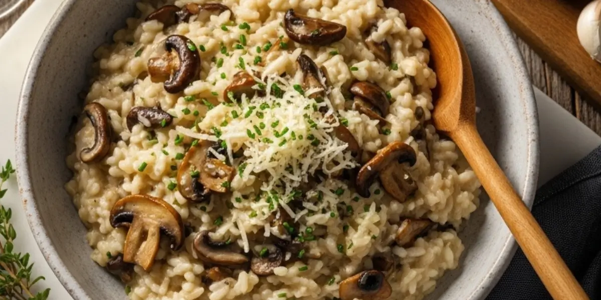 Four-step visual guide for making creamy mushroom risotto: 1) Sautéing mushrooms and shallots, 2) Toasting arborio rice, 3) Adding warm stock gradually, 4) Final stir with butter and Parmesan for a creamy finish.