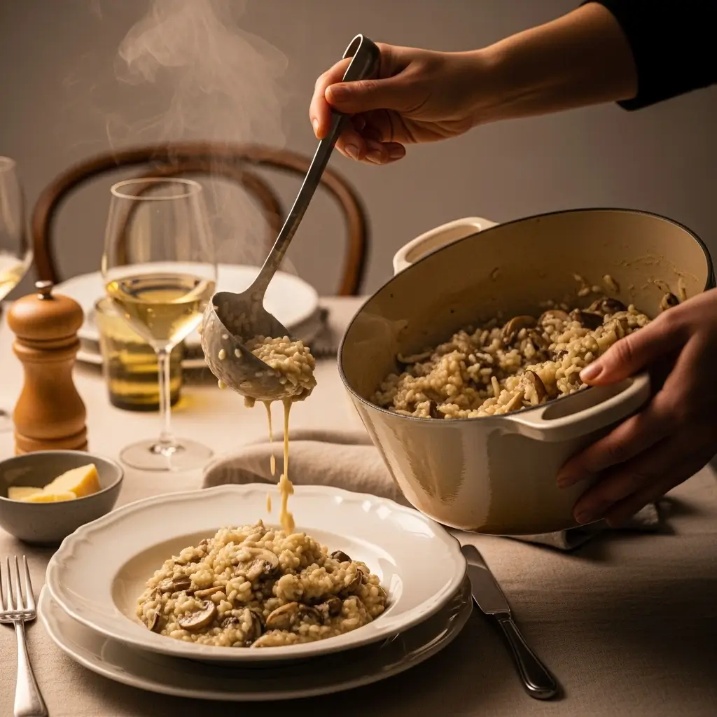 Four-step visual guide for making creamy mushroom risotto: 1) Sautéing mushrooms and shallots, 2) Toasting arborio rice, 3) Adding warm stock gradually, 4) Final stir with butter and Parmesan for a creamy finish.