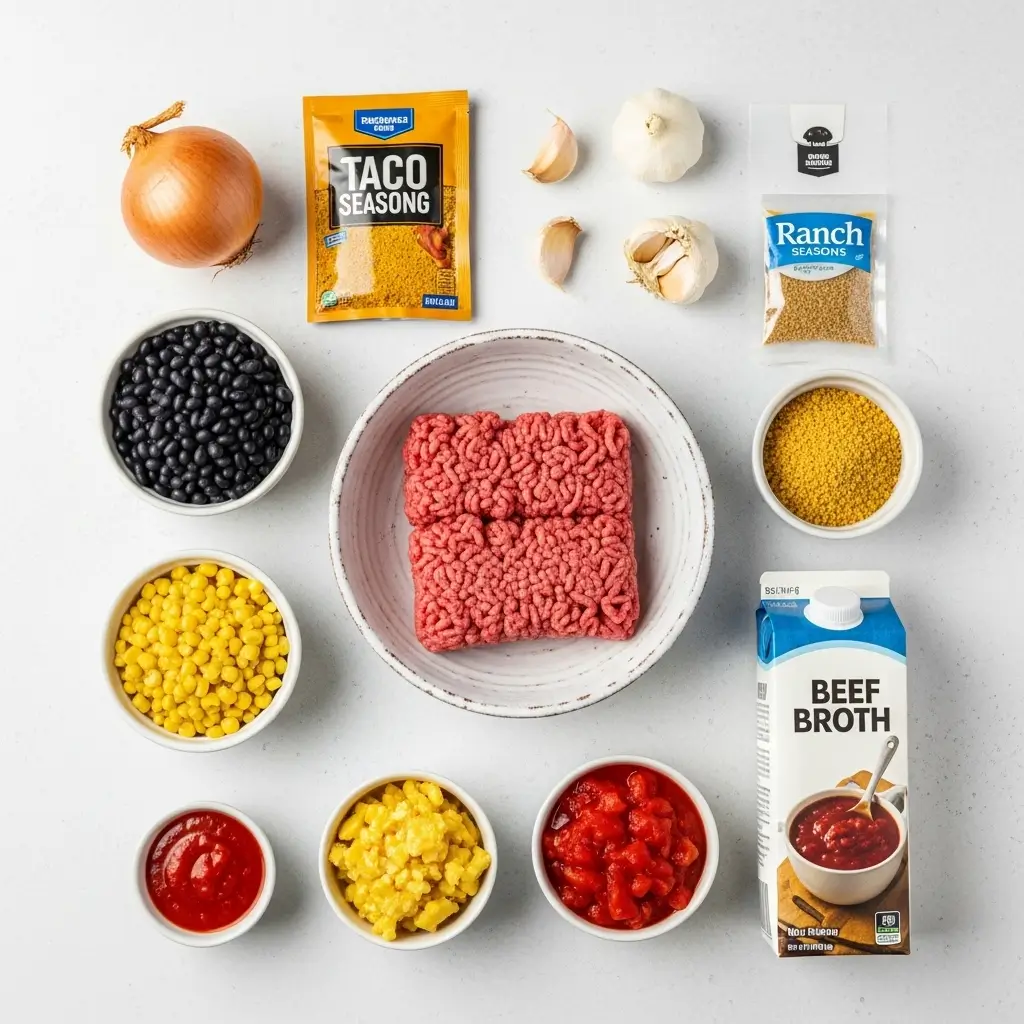 A moody shot of comforting taco soup in a bowl next to a knit blanket and book, representing the perfect cozy meal for a chilly day