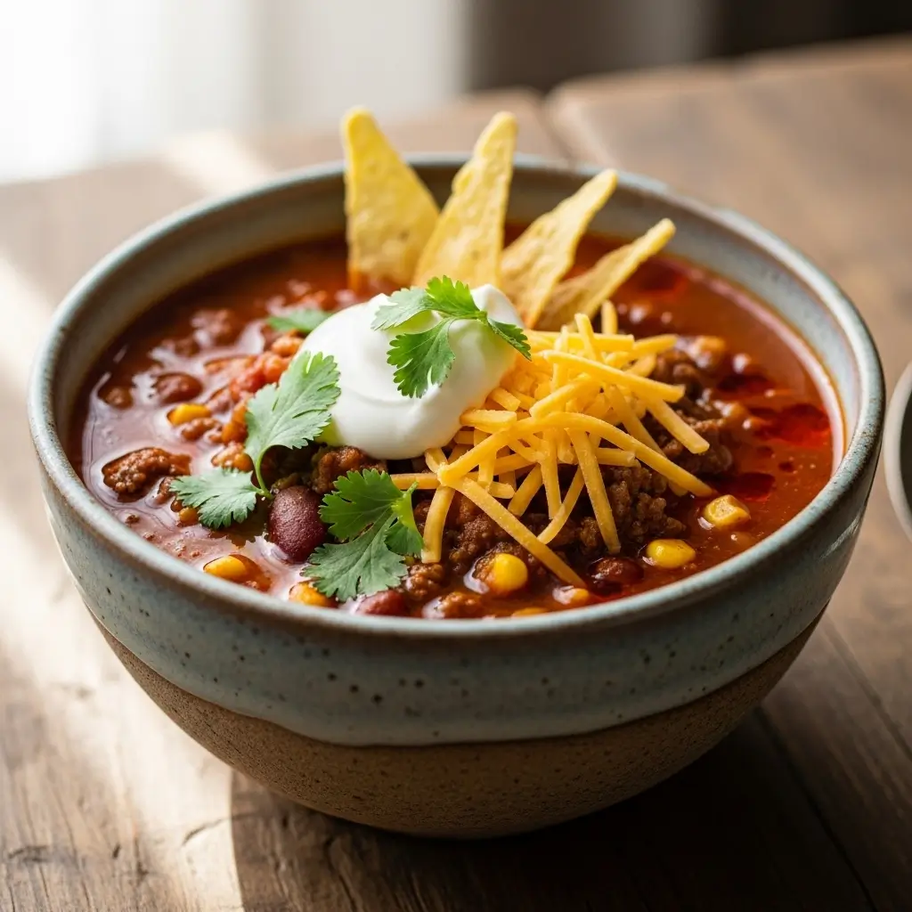 A simple bowl of hearty taco soup with a spoon, sitting on a wooden family dinner table, ready to eat as an easy weeknight meal.