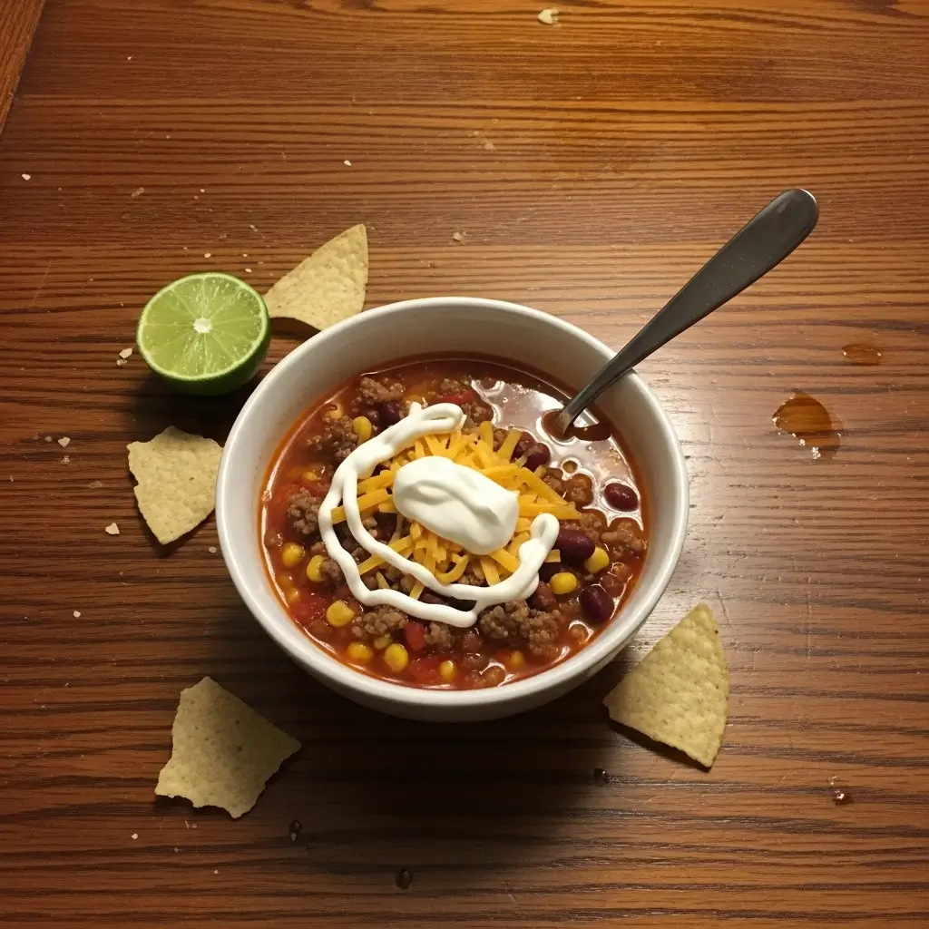 A moody shot of comforting taco soup in a bowl next to a knit blanket and book, representing the perfect cozy meal for a chilly day