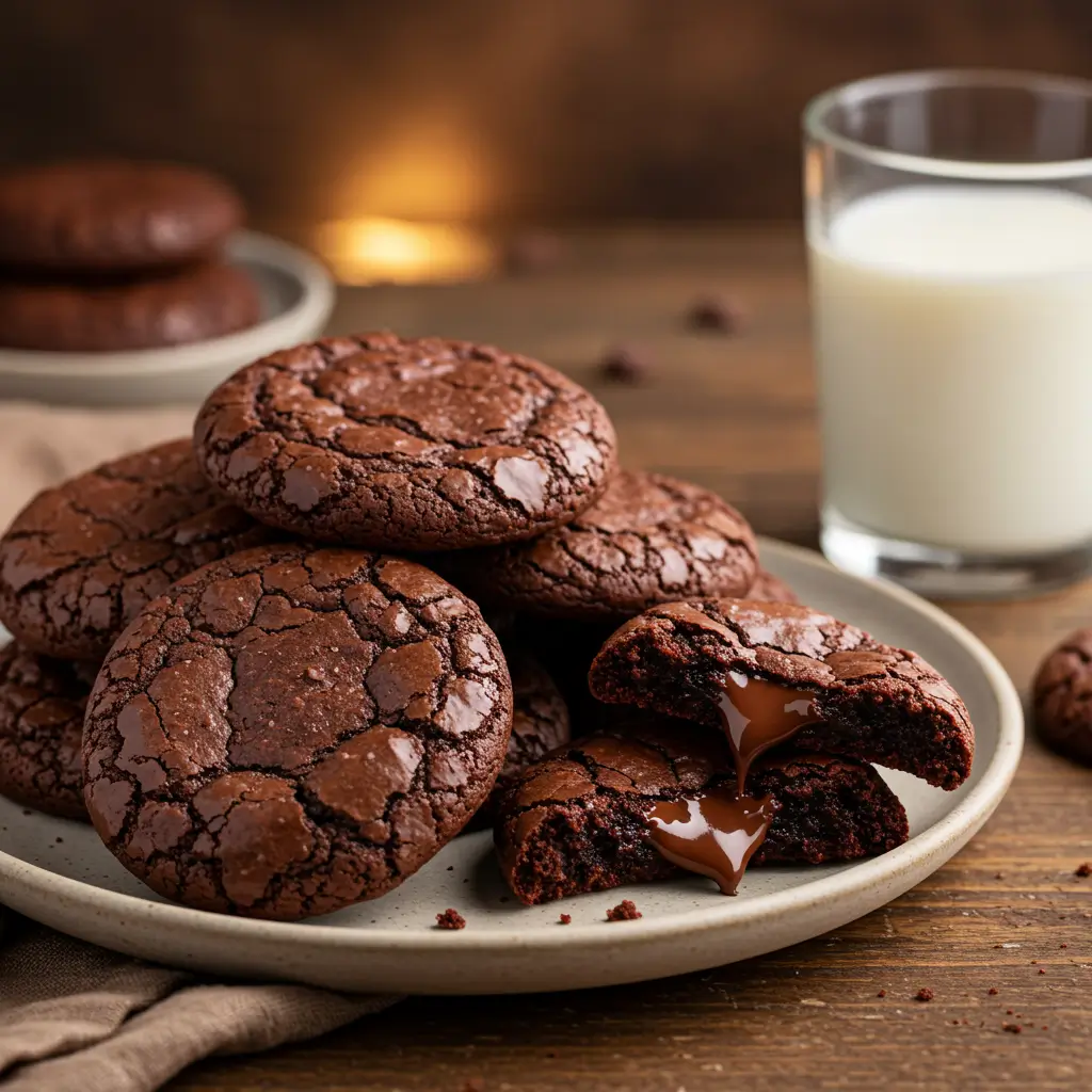 Fudgy brownie cookies stacked on a plate with a glass of milk, showing their gooey chocolate centers.