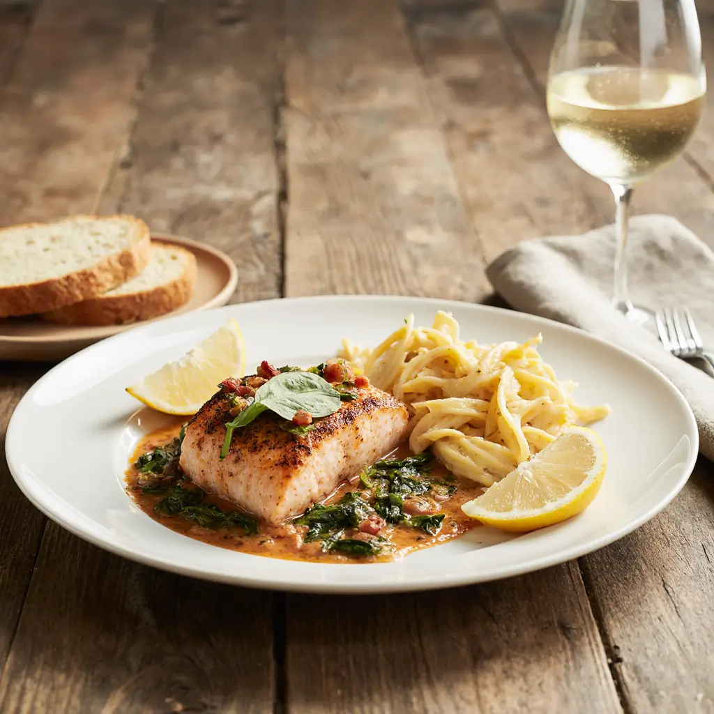 Creamy Tuscan Butter Salmon served on a plate with fettuccine pasta and garlic bread in a cozy dining setting.