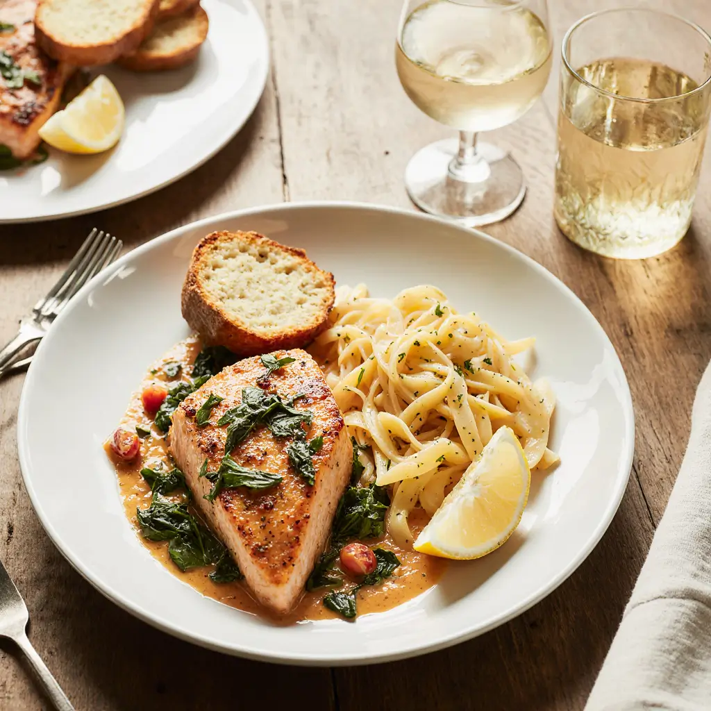 Creamy Tuscan Butter Salmon served on a plate with fettuccine pasta and garlic bread in a cozy dining setting.