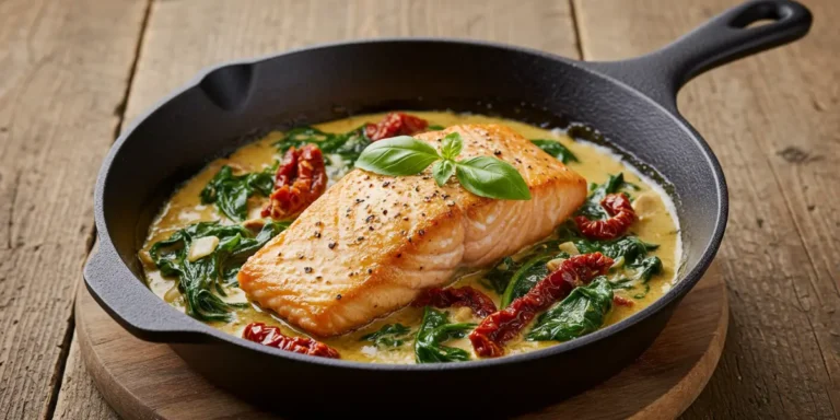Creamy Tuscan Butter Salmon served on a plate with fettuccine pasta and garlic bread in a cozy dining setting.