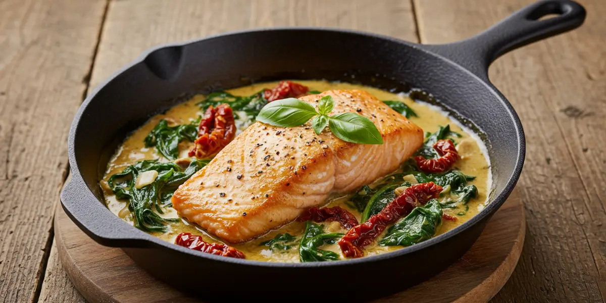 Creamy Tuscan Butter Salmon served on a plate with fettuccine pasta and garlic bread in a cozy dining setting.