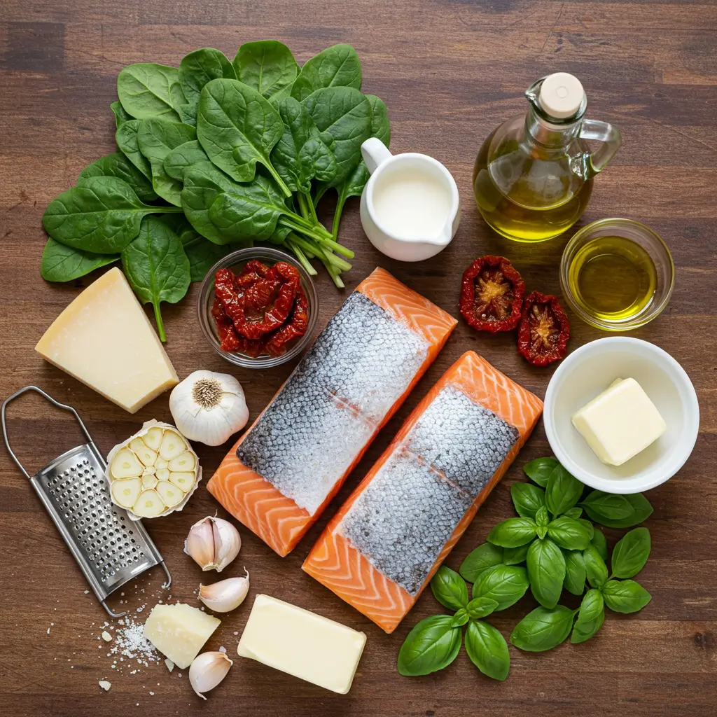 Creamy Tuscan Butter Salmon served on a plate with fettuccine pasta and garlic bread in a cozy dining setting.

