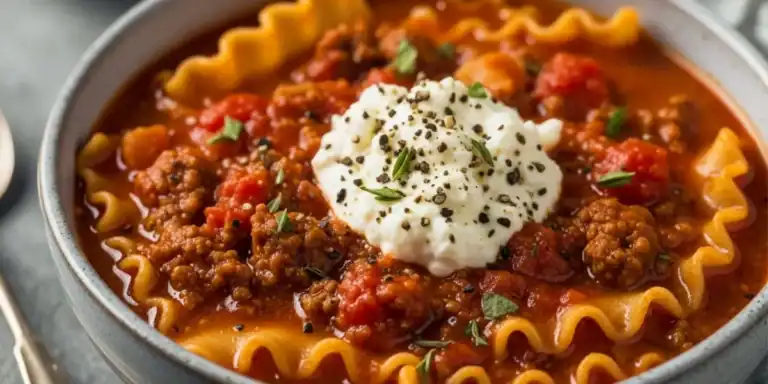 A steaming bowl of easy one-pot lasagna soup with tomato broth, sausage, pasta, and a dollop of creamy ricotta cheese.