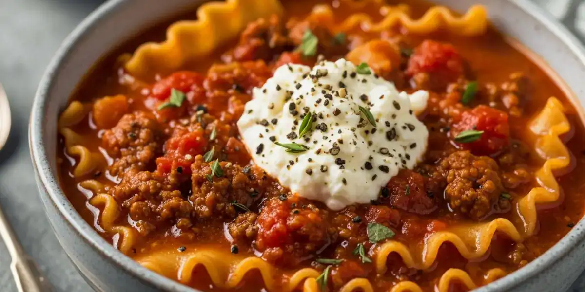 A steaming bowl of easy one-pot lasagna soup with tomato broth, sausage, pasta, and a dollop of creamy ricotta cheese.