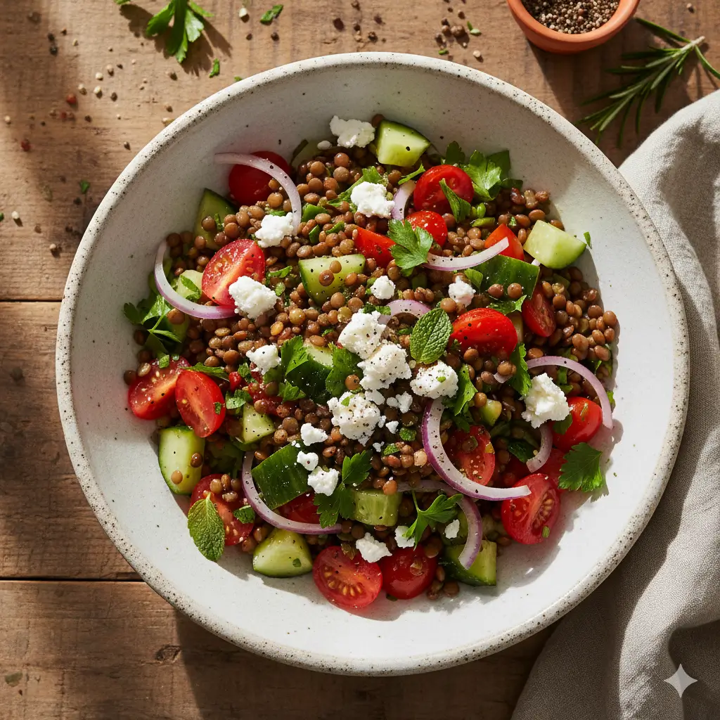 Hands mixing fresh lentil salad with tomatoes, cucumbers, red onions, and parsley in a glass bowl on a wooden kitchen counter.