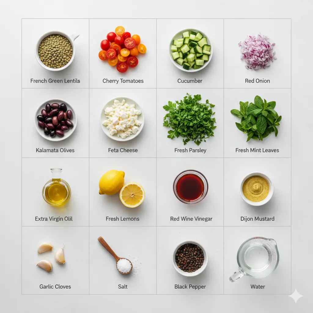 Hands mixing fresh lentil salad with tomatoes, cucumbers, red onions, and parsley in a glass bowl on a wooden kitchen counter.
