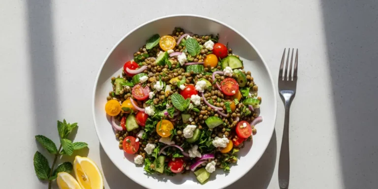 Hands mixing fresh lentil salad with tomatoes, cucumbers, red onions, and parsley in a glass bowl on a wooden kitchen counter.