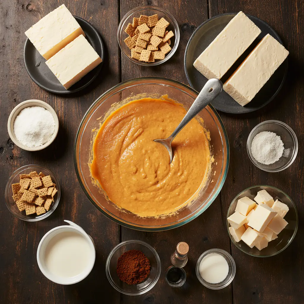 Pouring smooth, creamy pumpkin cheesecake filling into a pan lined with a graham cracker crust.