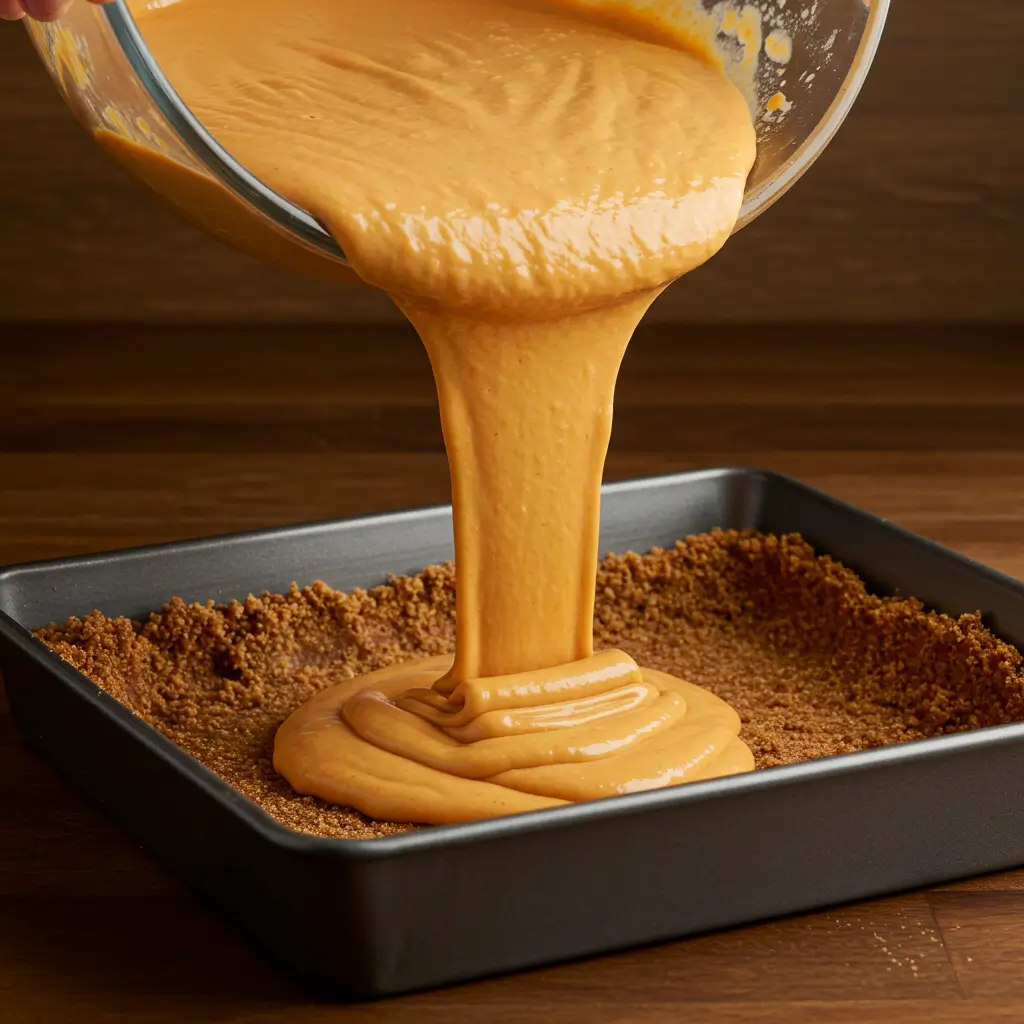 Pouring smooth, creamy pumpkin cheesecake filling into a pan lined with a graham cracker crust.
