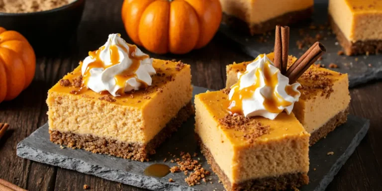 A slice of creamy pumpkin cheesecake bar with a graham cracker crust, topped with whipped cream and caramel drizzle on a rustic wooden board.