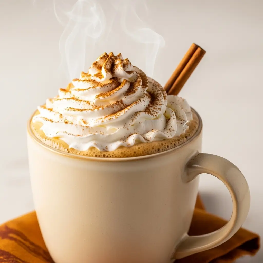Perfectly prepared homemade pumpkin spiced latte in ceramic mug topped with fluffy whipped cream, cinnamon powder, and cinnamon stick garnish