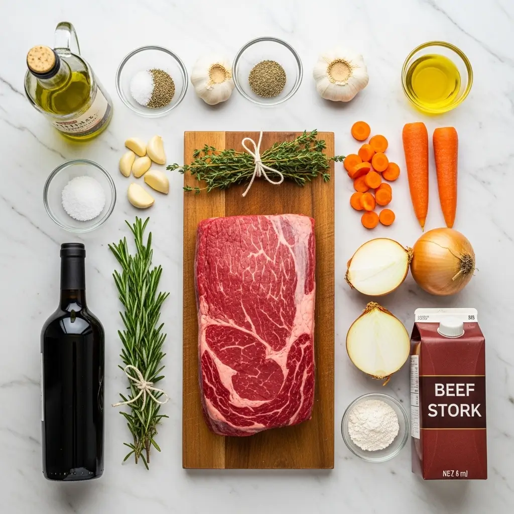 Complete ingredient list for homemade roast beef with gravy - raw beef, rosemary, thyme, onions, carrots, and gravy ingredients