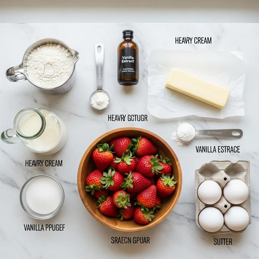 Elegant strawberry shortcake dessert servings arranged on white plates with fresh strawberries and cream garnish