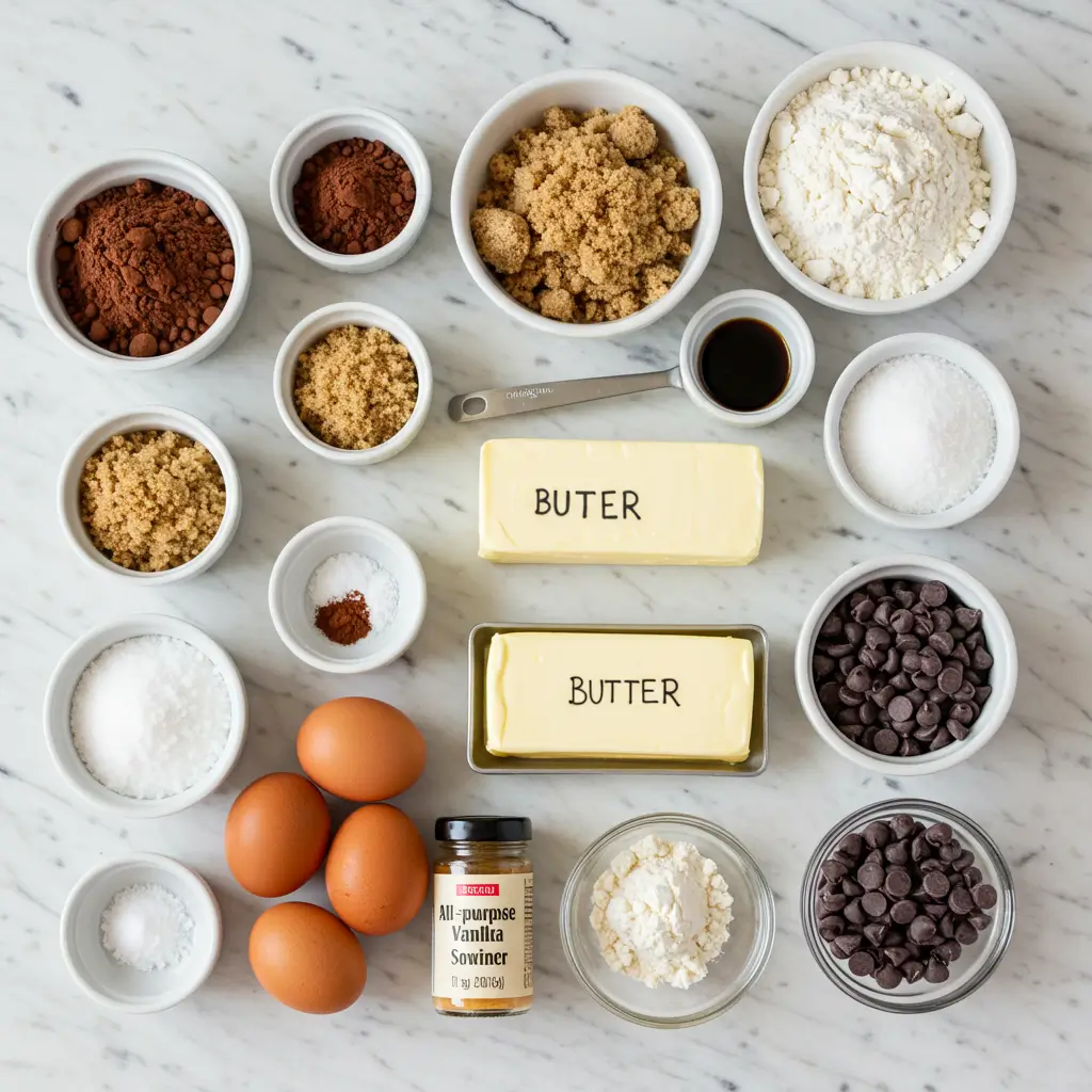 Fudgy brownie cookies stacked on a plate with a glass of milk, showing their gooey chocolate centers.