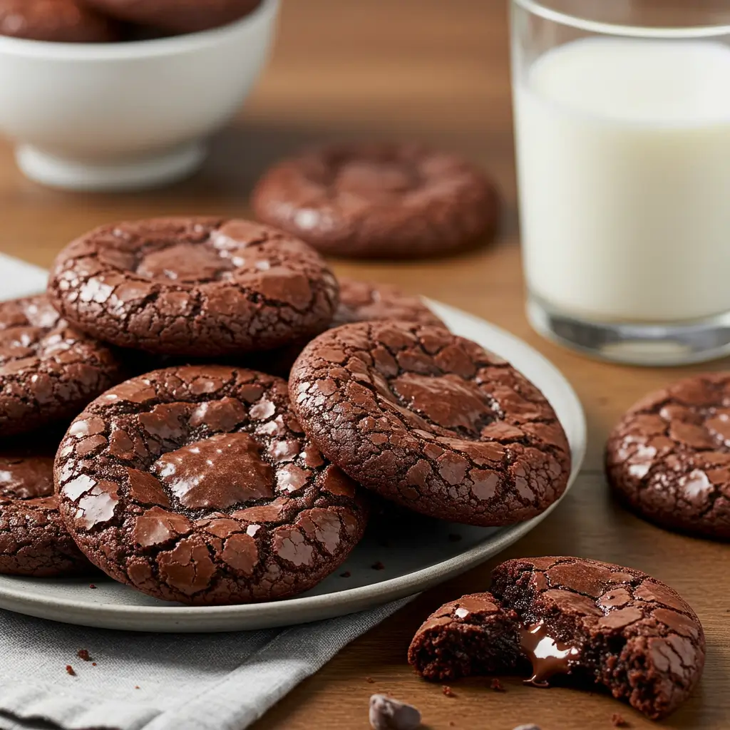 Fudgy brownie cookies stacked on a plate with a glass of milk, showing their gooey chocolate centers.