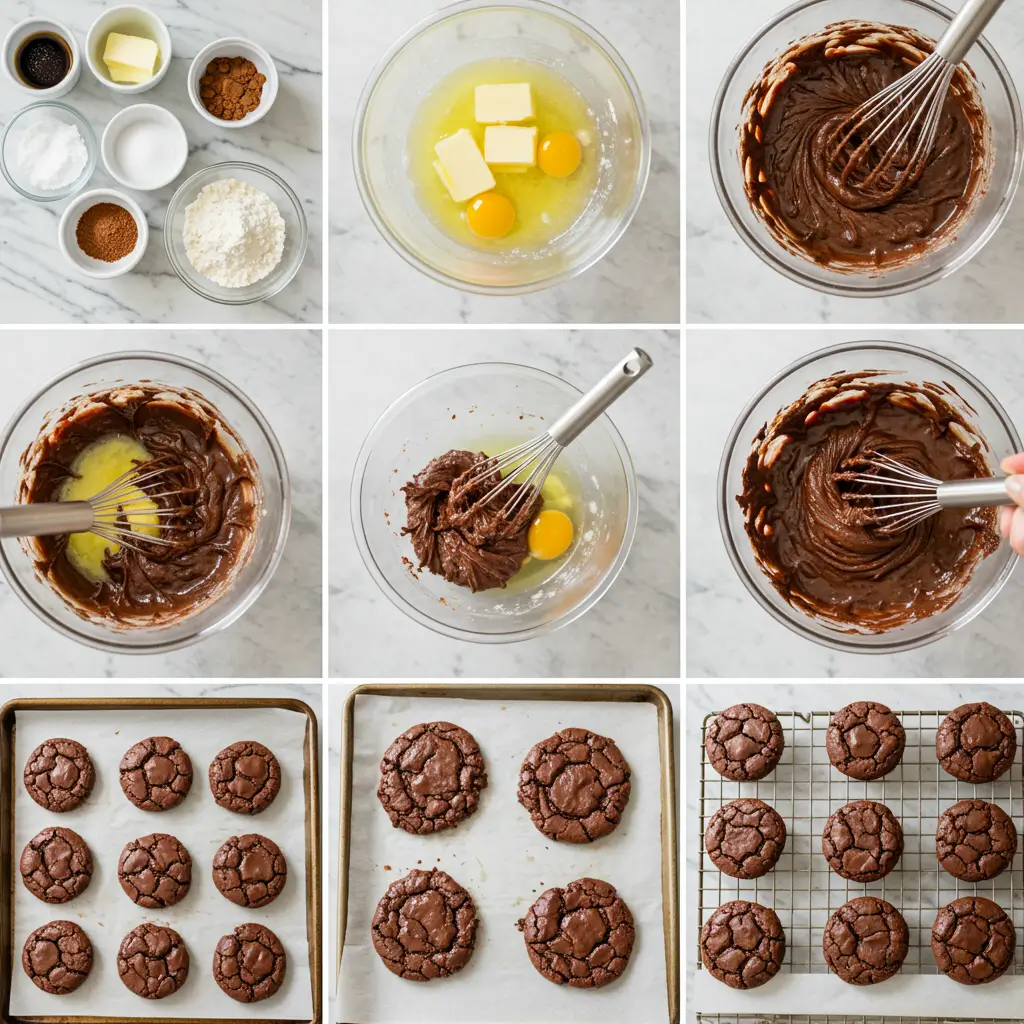 Fudgy brownie cookies stacked on a plate with a glass of milk, showing their gooey chocolate centers.