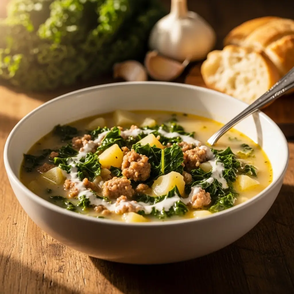 Six to eight individual white ceramic bowls of homemade Zuppa Toscana arranged on a rustic wooden table, showing the complete recipe yield with visible creamy kale soup, tender potatoes, Italian sausage, and fresh basil garnish on each serving