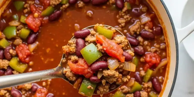 A bowl of hearty ground beef chili with sour cream, cheddar cheese, and green onion toppings.