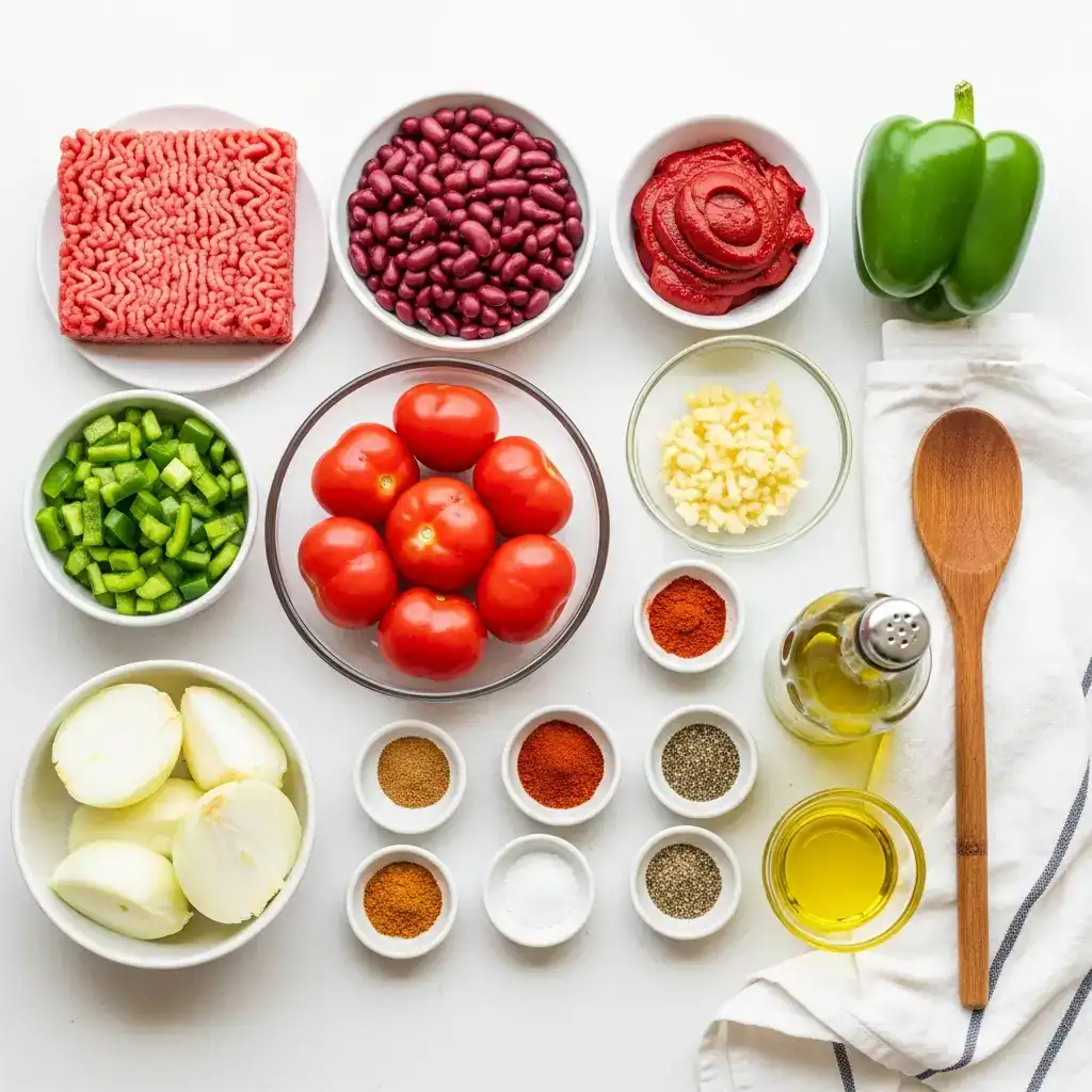 A bowl of hearty ground beef chili with sour cream, cheddar cheese, and green onion toppings.