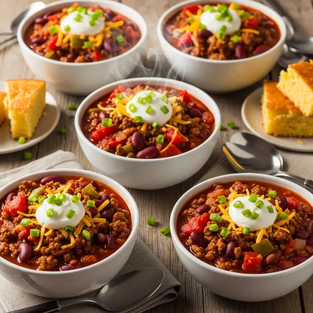 A bowl of hearty ground beef chili with sour cream, cheddar cheese, and green onion toppings.