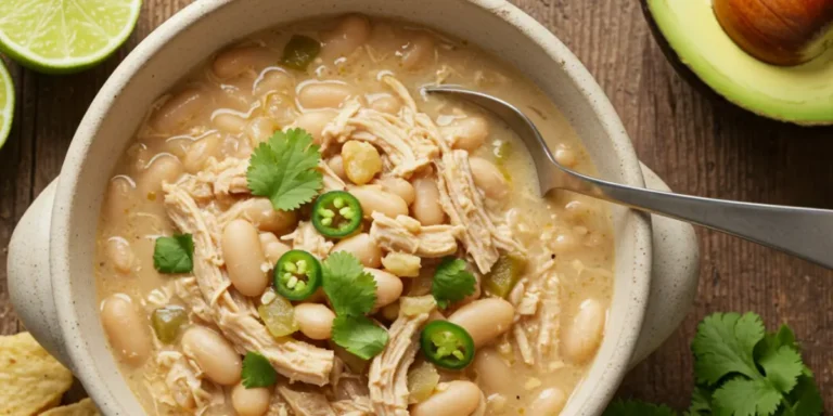 A steaming bowl of creamy white chicken chili topped with avocado, cilantro, and cheese in a rustic pot.