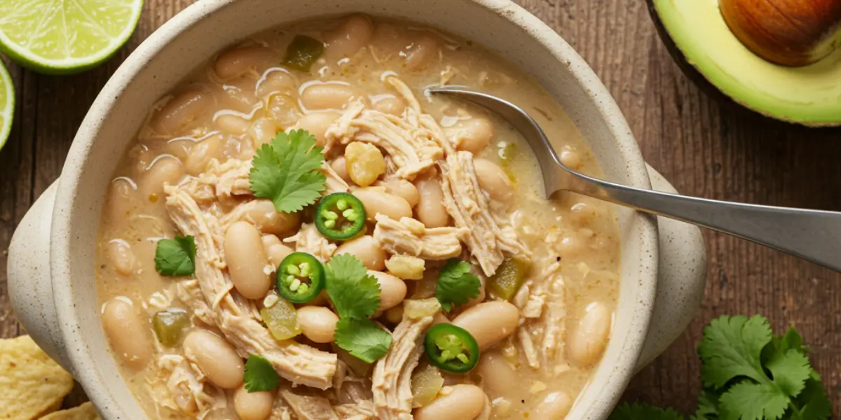 A steaming bowl of creamy white chicken chili topped with avocado, cilantro, and cheese in a rustic pot.