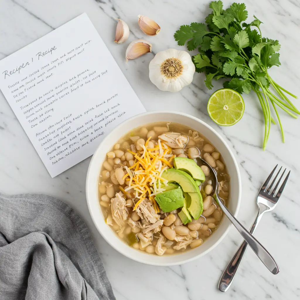 A steaming bowl of creamy white chicken chili topped with avocado, cilantro, and cheese in a rustic pot.