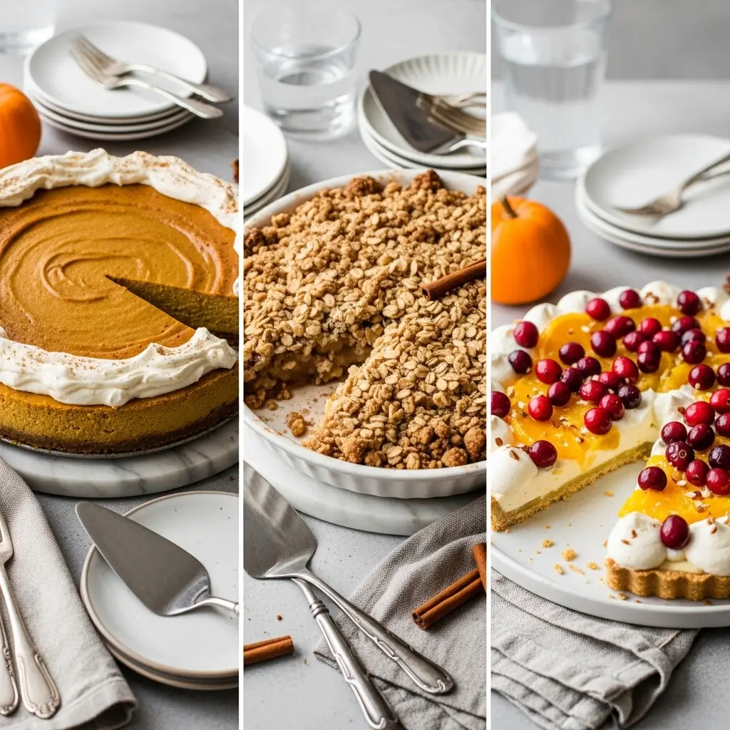 Collage of Pumpkin Cheesecake, Apple Crumble, and Cranberry-Orange Tart