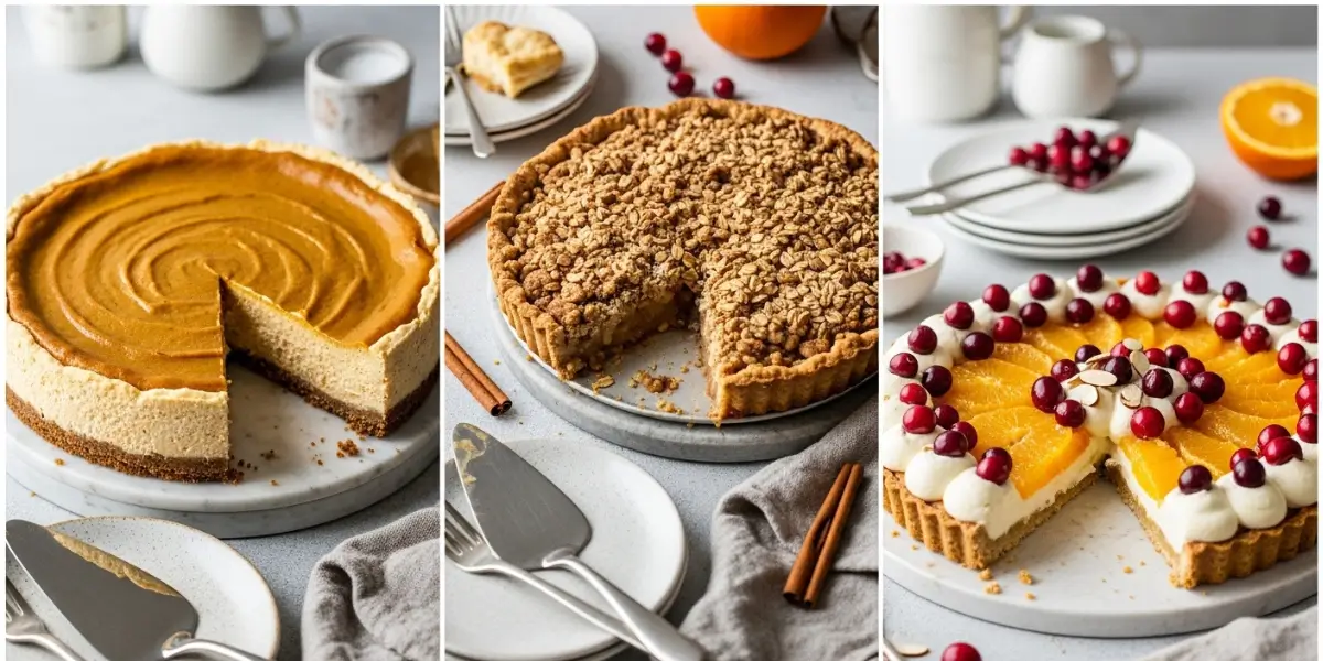 Collage of Pumpkin Cheesecake, Apple Crumble, and Cranberry-Orange Tart