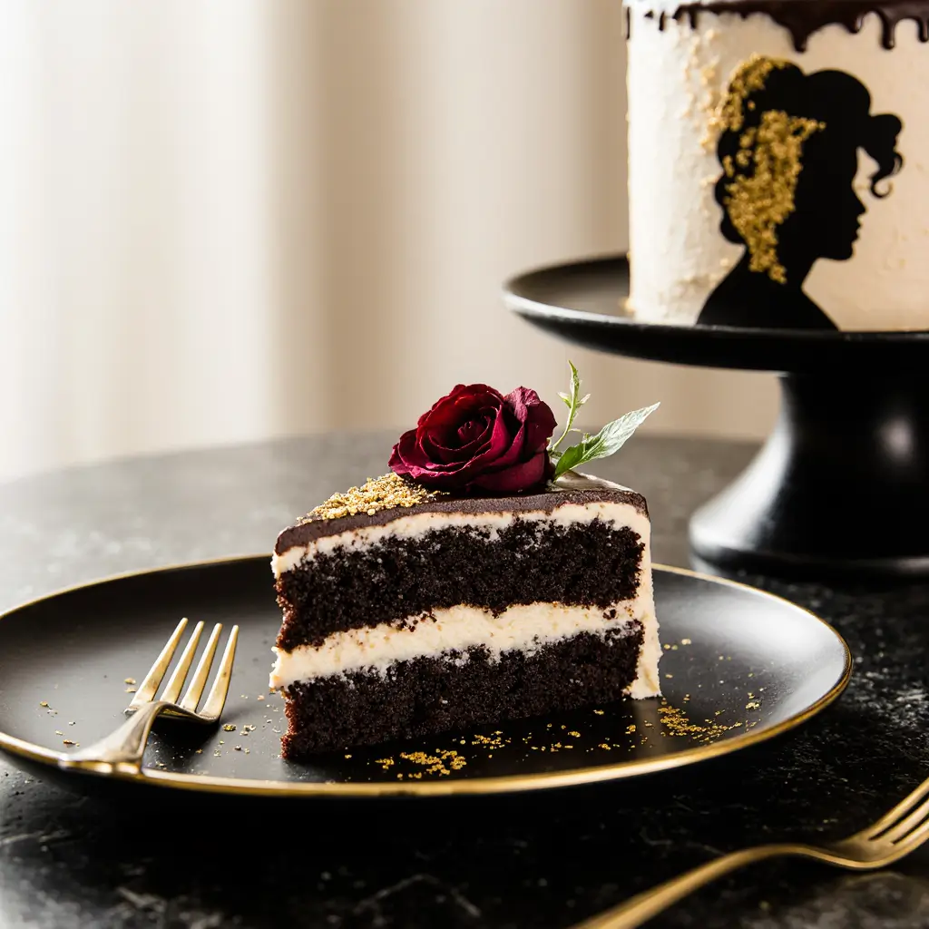Elegantly plated slice of Amy Winehouse cake on gold-rimmed black plate, showing rich chocolate layers with creamy frosting, garnished with edible gold leaf and burgundy rose