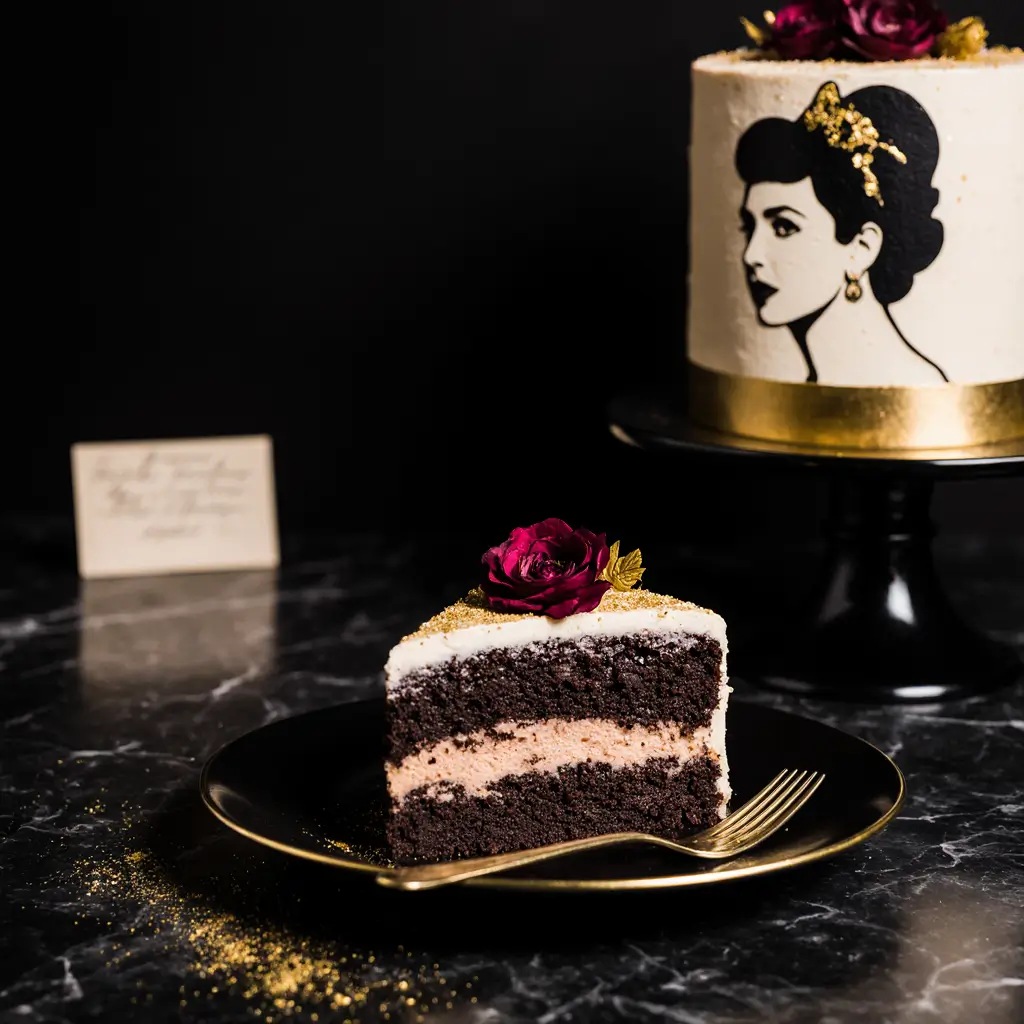 Elegantly plated slice of Amy Winehouse cake on gold-rimmed black plate, showing rich chocolate layers with creamy frosting, garnished with edible gold leaf and burgundy rose