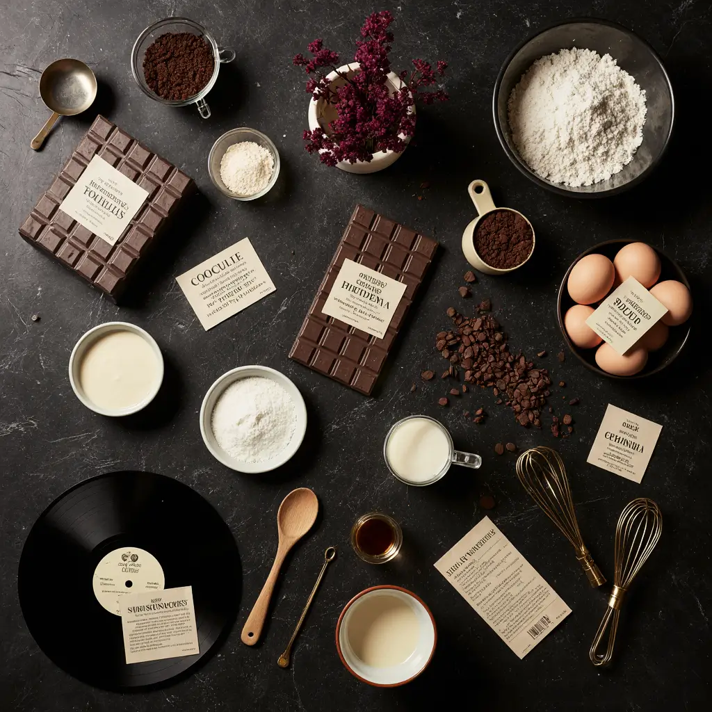 Flat lay of Amy Winehouse cake ingredients including dark chocolate, cocoa powder, eggs, butter, coffee, espresso powder, and vintage baking tools arranged on dark marble surface