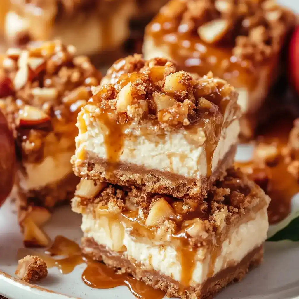 Caramel apple cheesecake bars cut into 12 individual square servings in baking pan